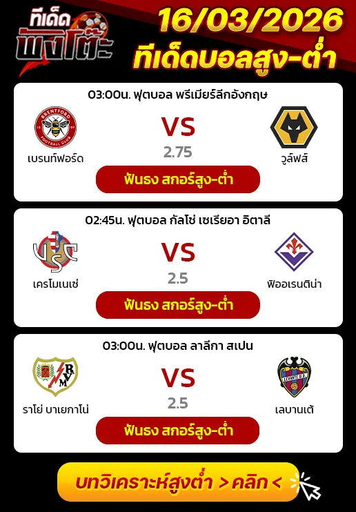 ทีเด็ดสกอร์สูงต่ำ 16/03/2026