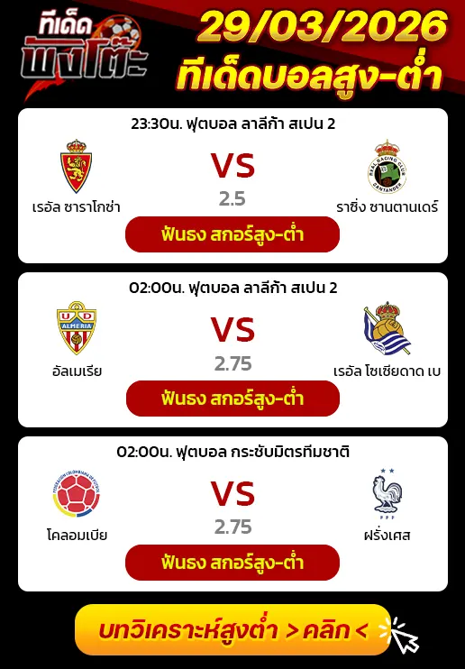 ทีเด็ดสกอร์สูงต่ำ 29/03/2026