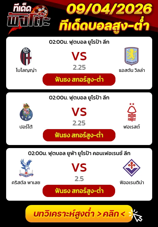 ทีเด็ดสกอร์สูงต่ำ 09/04/2026