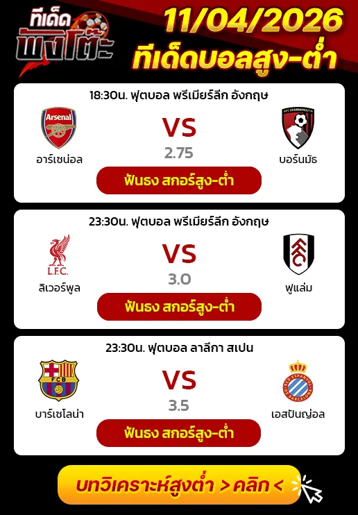 ทีเด็ดสกอร์สูงต่ำ 11/04/2026