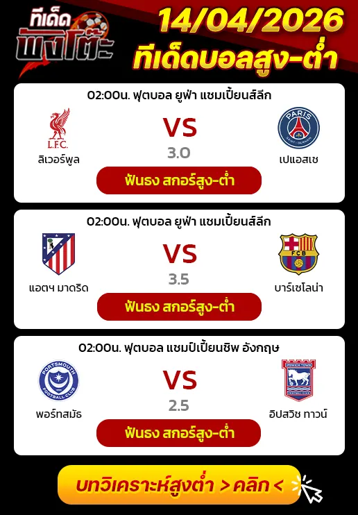 ทีเด็ดสกอร์สูงต่ำ 14/04/2026