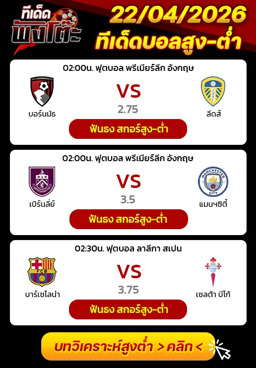 ทีเด็ดสกอร์สูงต่ำ 22/04/2026