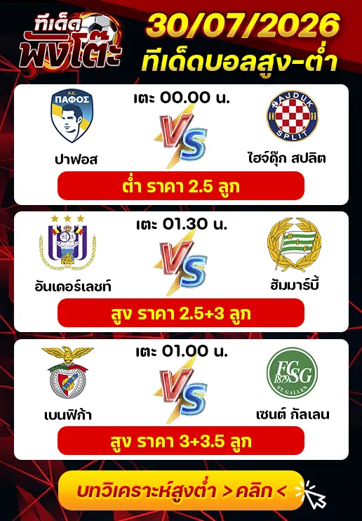 ทีเด็ดสกอร์สูงต่ำ 30/07/2026