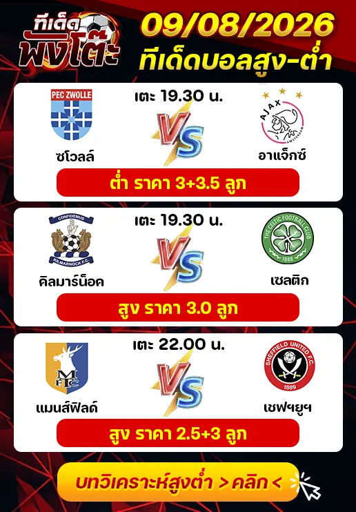 ทีเด็ดสกอร์สูงต่ำ 09/08/2026
