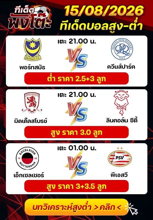 ทีเด็ดสกอร์สูงต่ำ 15/08/2026