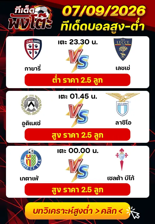 ทีเด็ดสกอร์สูงต่ำ 07/09/2026