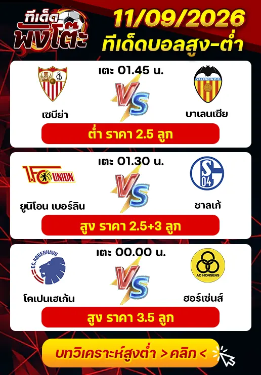 ทีเด็ดสกอร์สูงต่ำ 11/09/2026
