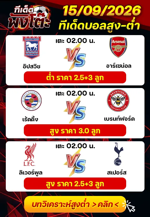ทีเด็ดสกอร์สูงต่ำ 15/09/2026