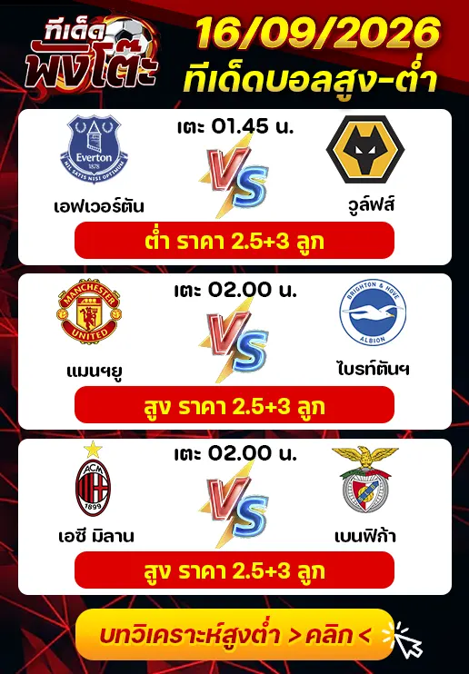 ทีเด็ดสกอร์สูงต่ำ 16/09/2026